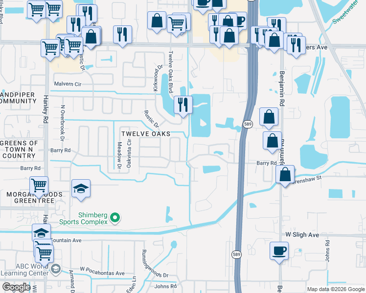 map of restaurants, bars, coffee shops, grocery stores, and more near 6818 Mitchell Circle in Tampa