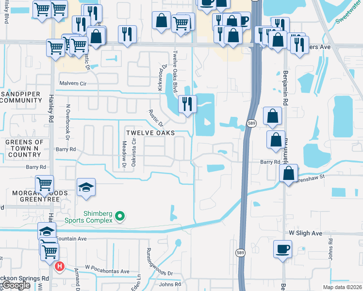 map of restaurants, bars, coffee shops, grocery stores, and more near 6818 Mitchell Circle in Tampa
