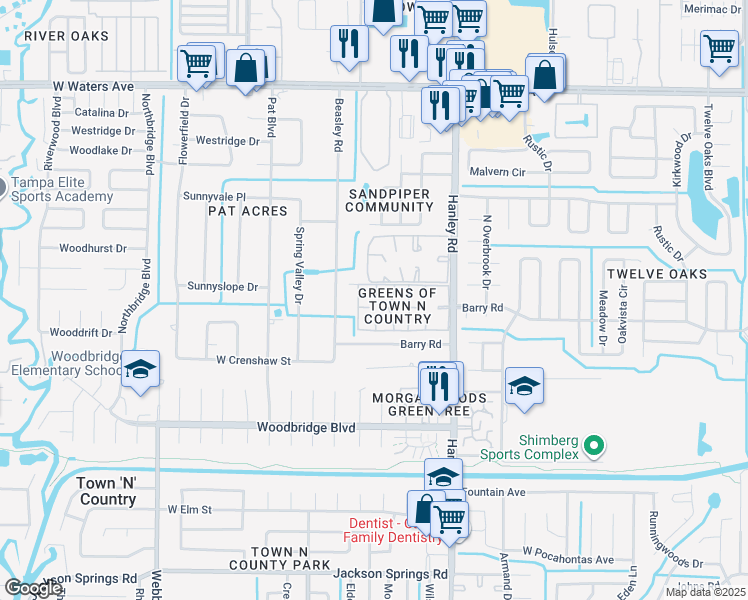 map of restaurants, bars, coffee shops, grocery stores, and more near 7616 La Mesita Court in Tampa