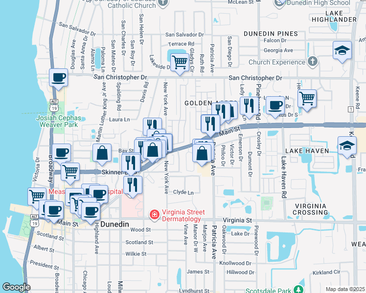 map of restaurants, bars, coffee shops, grocery stores, and more near 446 1st Street in Dunedin