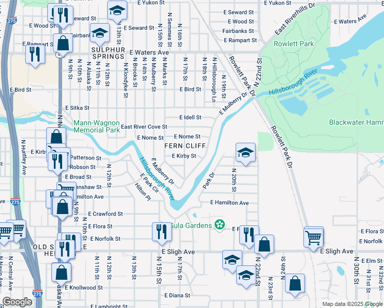 map of restaurants, bars, coffee shops, grocery stores, and more near 1708 East Kirby Street in Tampa