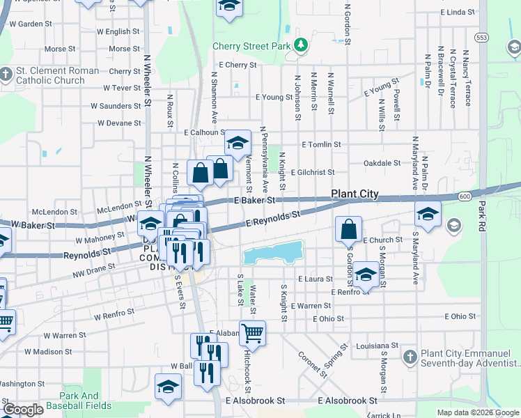 map of restaurants, bars, coffee shops, grocery stores, and more near 305 North Pennsylvania Avenue in Plant City