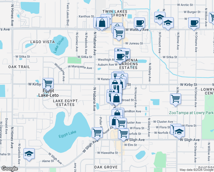 map of restaurants, bars, coffee shops, grocery stores, and more near 2602 West Kenmore Avenue in Tampa