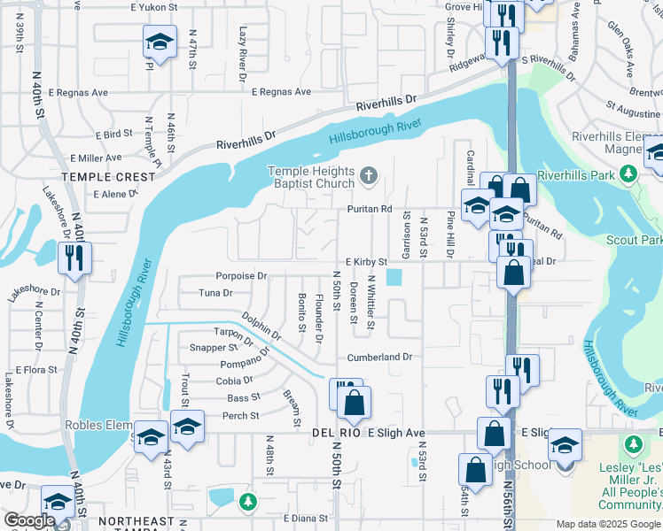 map of restaurants, bars, coffee shops, grocery stores, and more near 7206 North 50th Street in Tampa