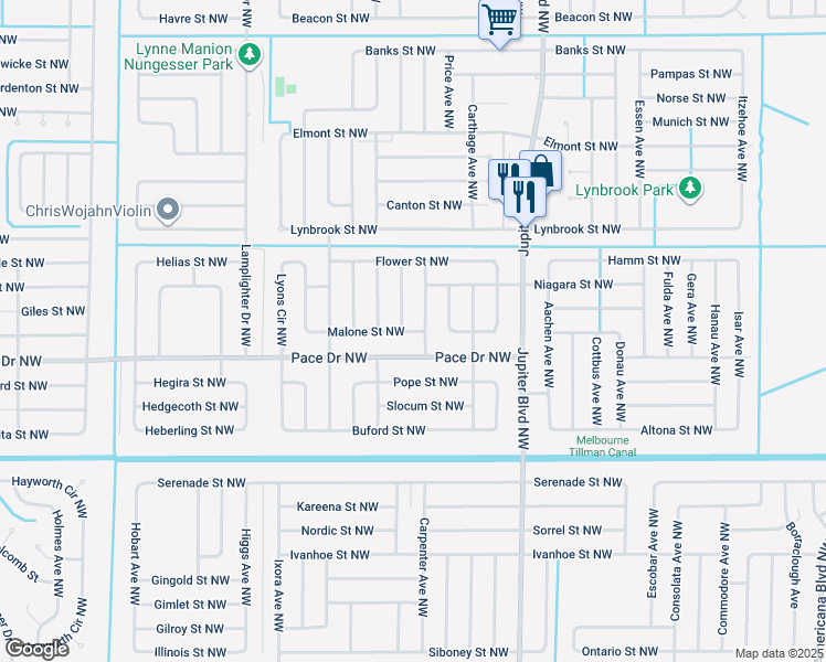 map of restaurants, bars, coffee shops, grocery stores, and more near 820 Hawaii Avenue Northwest in Palm Bay