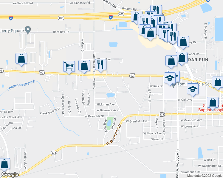 map of restaurants, bars, coffee shops, grocery stores, and more near 406 North Seminole Lake Boulevard in Plant City