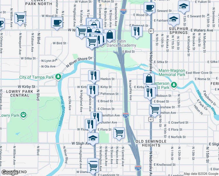 map of restaurants, bars, coffee shops, grocery stores, and more near 7704 North Branch Avenue in Tampa