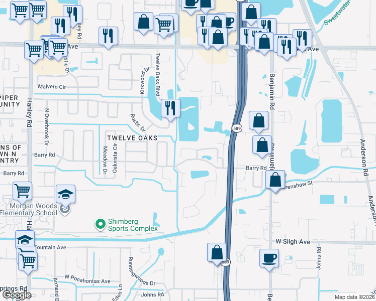 map of restaurants, bars, coffee shops, grocery stores, and more near 6218 Oak Cluster Circle in Tampa