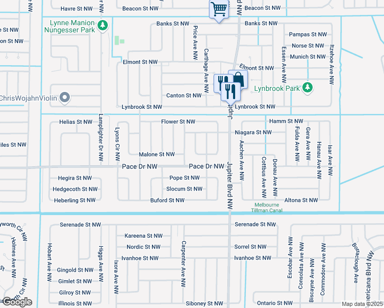 map of restaurants, bars, coffee shops, grocery stores, and more near 812 Roger Avenue Northwest in Palm Bay