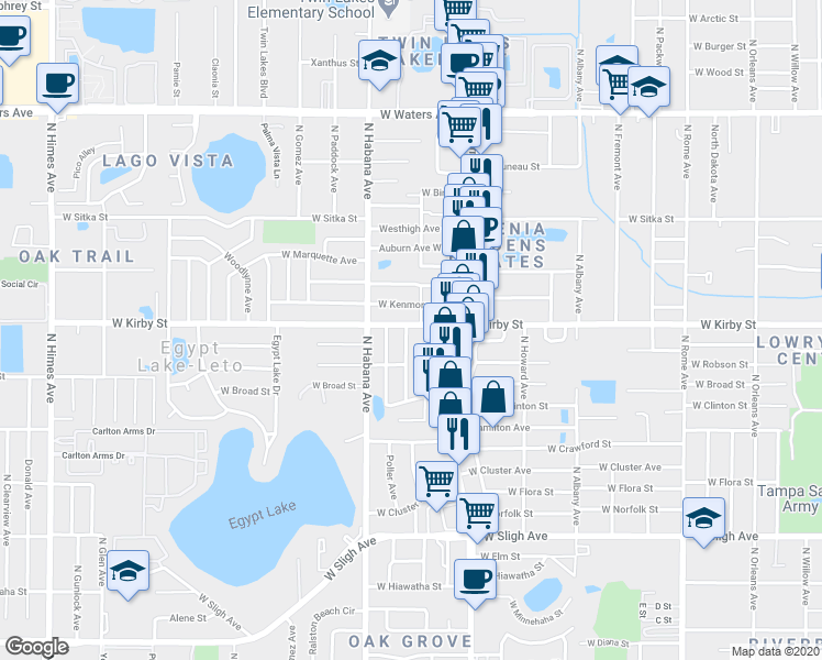 map of restaurants, bars, coffee shops, grocery stores, and more near 7525 North Tampania Avenue in Tampa