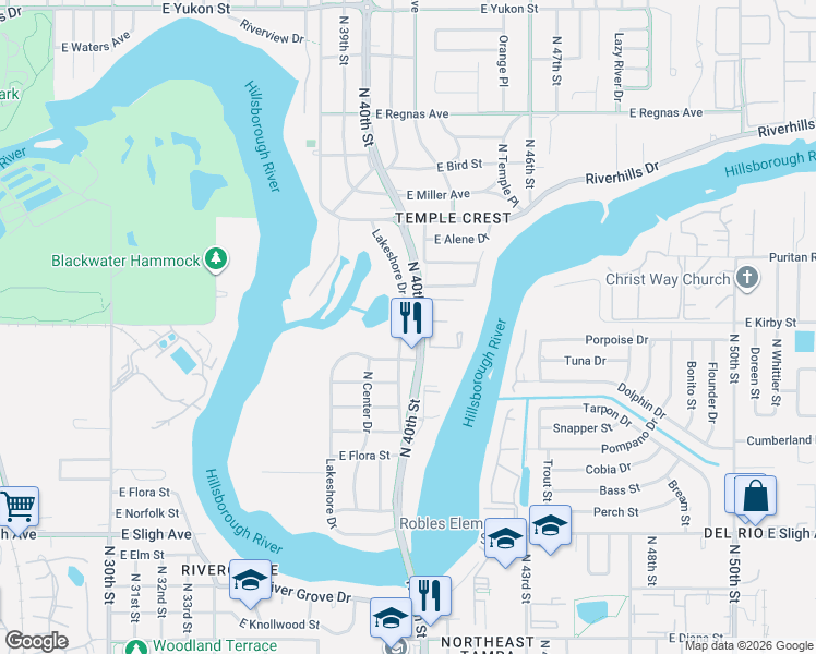 map of restaurants, bars, coffee shops, grocery stores, and more near 7526 North 40th Street in Tampa