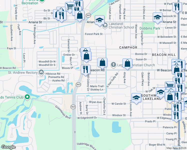 map of restaurants, bars, coffee shops, grocery stores, and more near 988 Hill Colony Circle in Lakeland