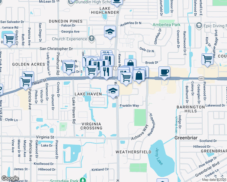 map of restaurants, bars, coffee shops, grocery stores, and more near 1080 Keene Road in Dunedin
