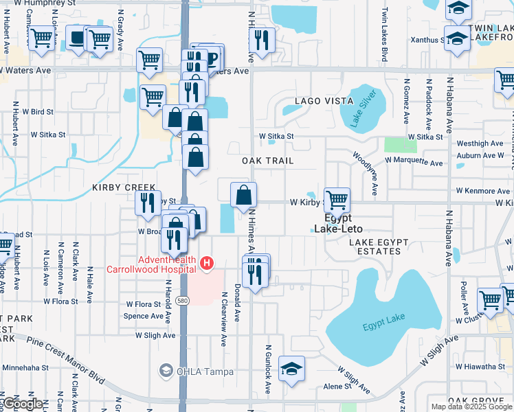 map of restaurants, bars, coffee shops, grocery stores, and more near 3413 Townhouse Court in Tampa
