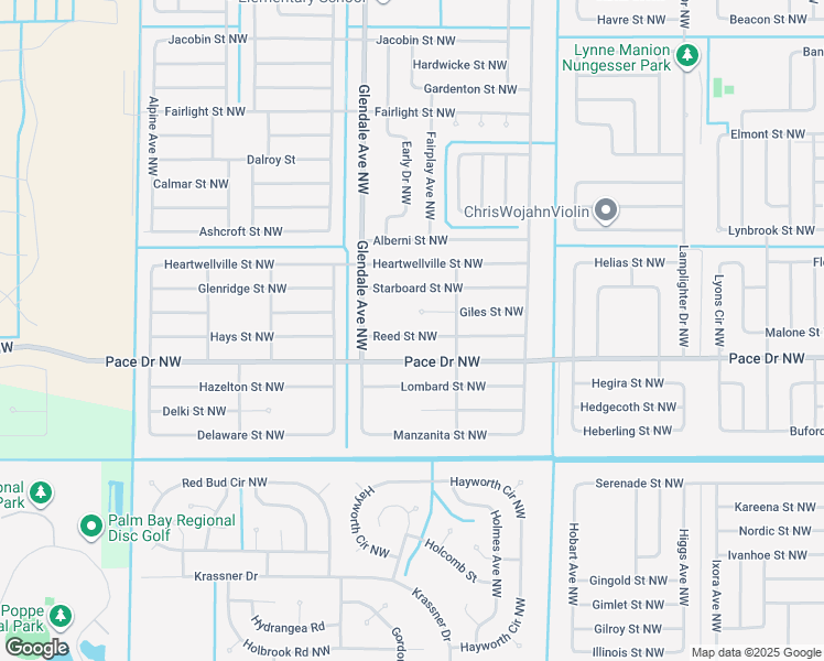 map of restaurants, bars, coffee shops, grocery stores, and more near 1543 Reed Street Northwest in Palm Bay