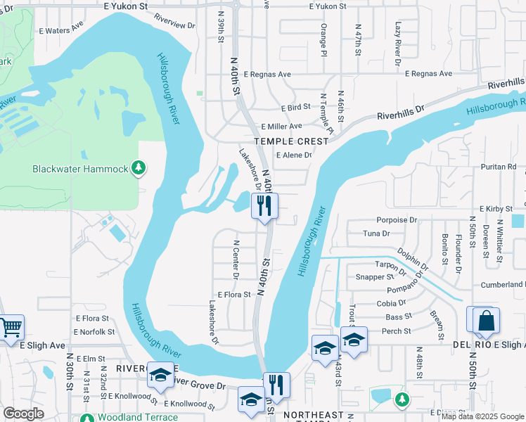 map of restaurants, bars, coffee shops, grocery stores, and more near 7526 North 40th Street in Tampa