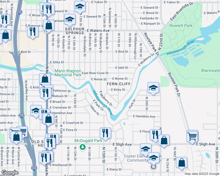 map of restaurants, bars, coffee shops, grocery stores, and more near 1614 East Maple Avenue in Tampa