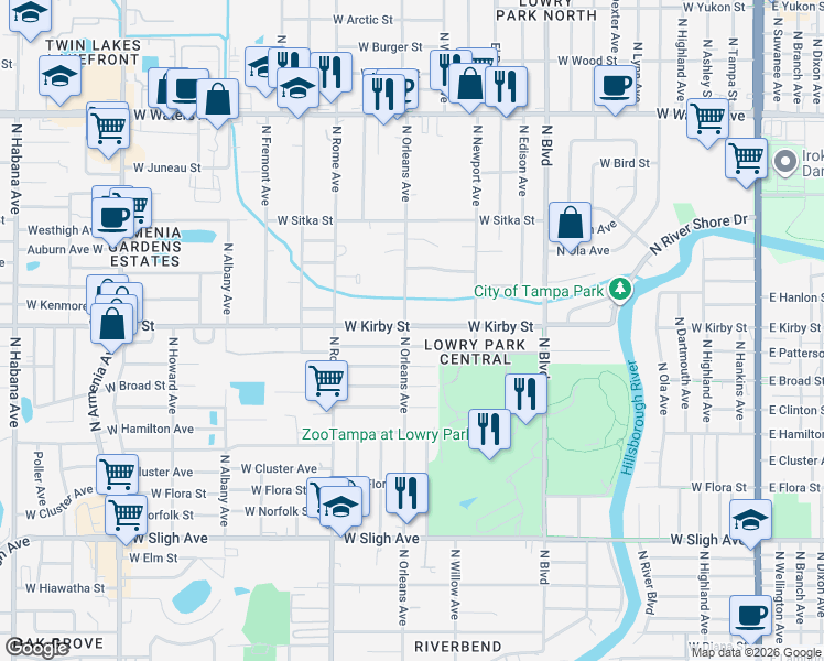 map of restaurants, bars, coffee shops, grocery stores, and more near 1315 West Kirby Street in Tampa