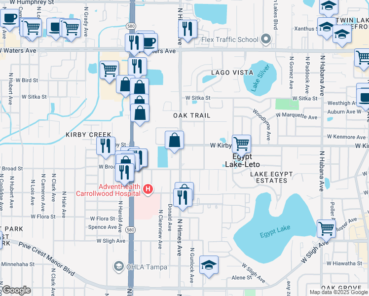 map of restaurants, bars, coffee shops, grocery stores, and more near 3413 Townhouse Court in Tampa