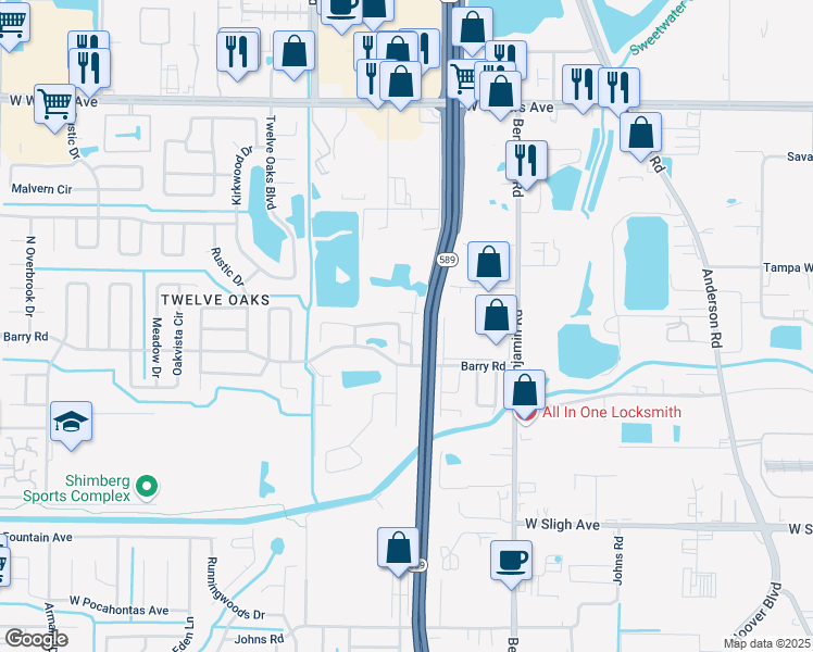 map of restaurants, bars, coffee shops, grocery stores, and more near 7526 Ann Ballard Road in Tampa