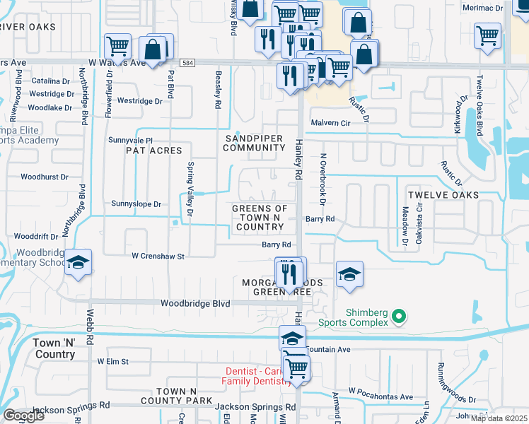 map of restaurants, bars, coffee shops, grocery stores, and more near 7603 Palmera Pointe Circle in Tampa