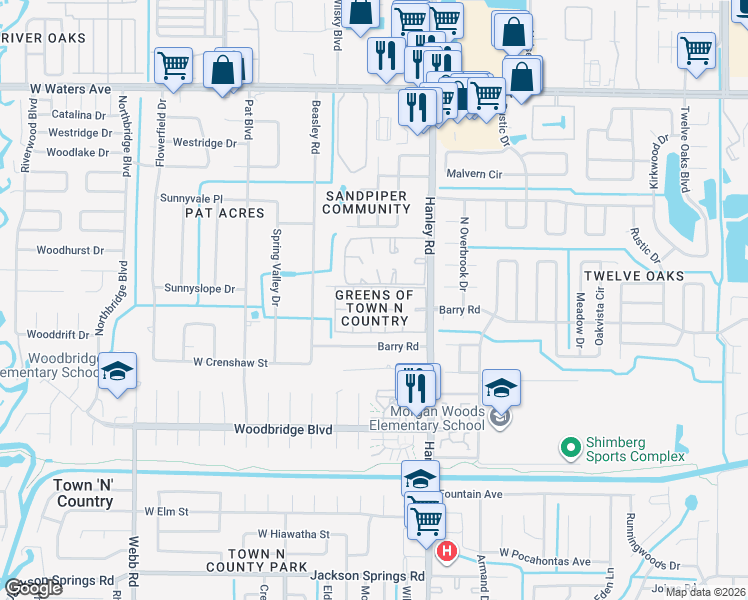 map of restaurants, bars, coffee shops, grocery stores, and more near 7603 Palmera Pointe Circle in Tampa