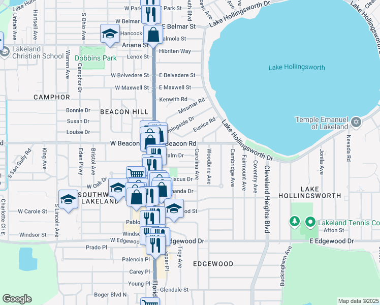 map of restaurants, bars, coffee shops, grocery stores, and more near 408 East Palm Drive in Lakeland