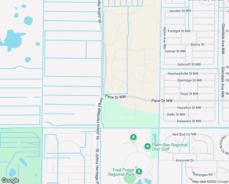 map of restaurants, bars, coffee shops, grocery stores, and more near Pace Drive Northwest in Palm Bay