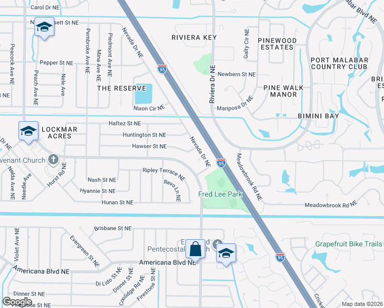 map of restaurants, bars, coffee shops, grocery stores, and more near 817 Nevada Drive Northeast in Palm Bay