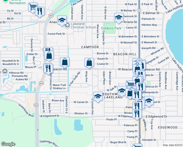 map of restaurants, bars, coffee shops, grocery stores, and more near 2115 South Lincoln Avenue in Lakeland