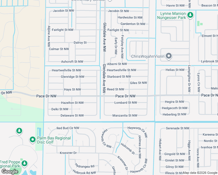 map of restaurants, bars, coffee shops, grocery stores, and more near 1583 Reed Street Northwest in Palm Bay