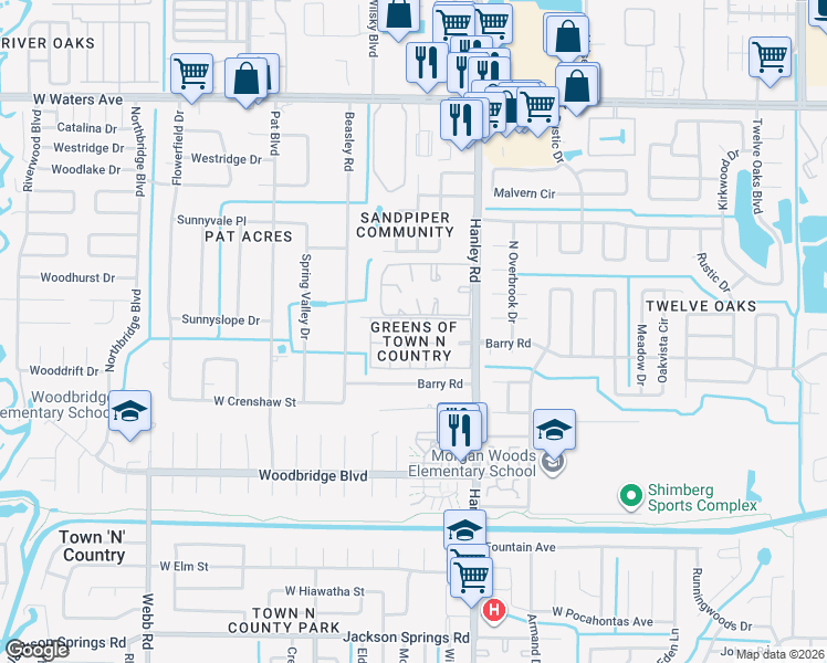 map of restaurants, bars, coffee shops, grocery stores, and more near 7603 Palmera Pointe Circle in Tampa