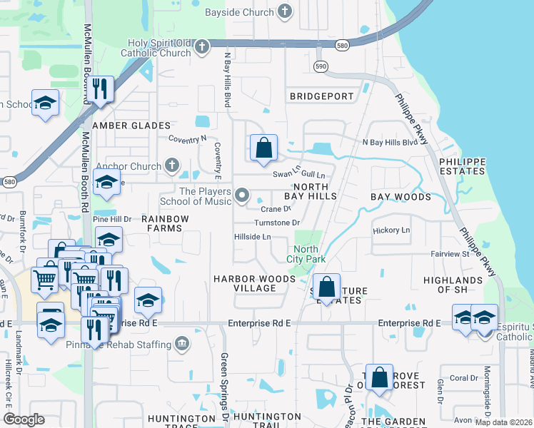 map of restaurants, bars, coffee shops, grocery stores, and more near 36 Osprey Street in Safety Harbor