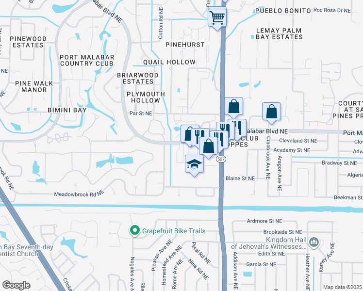 map of restaurants, bars, coffee shops, grocery stores, and more near 1607 Avery Road Northeast in Palm Bay