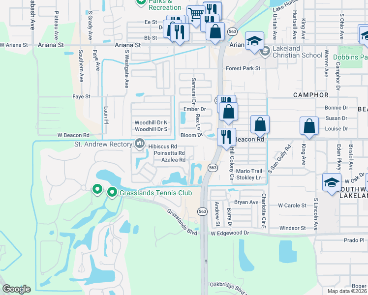 map of restaurants, bars, coffee shops, grocery stores, and more near 117 Hibiscus Road in Lakeland