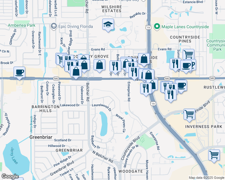 map of restaurants, bars, coffee shops, grocery stores, and more near 2633 Alexander Place in Clearwater