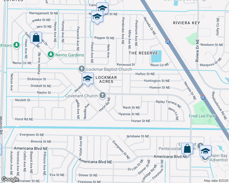map of restaurants, bars, coffee shops, grocery stores, and more near 520 Sterling Street Northeast in Palm Bay
