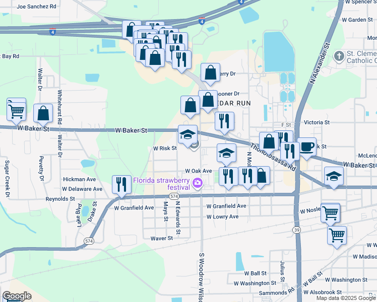 map of restaurants, bars, coffee shops, grocery stores, and more near 501 North Woodrow Wilson Street in Plant City