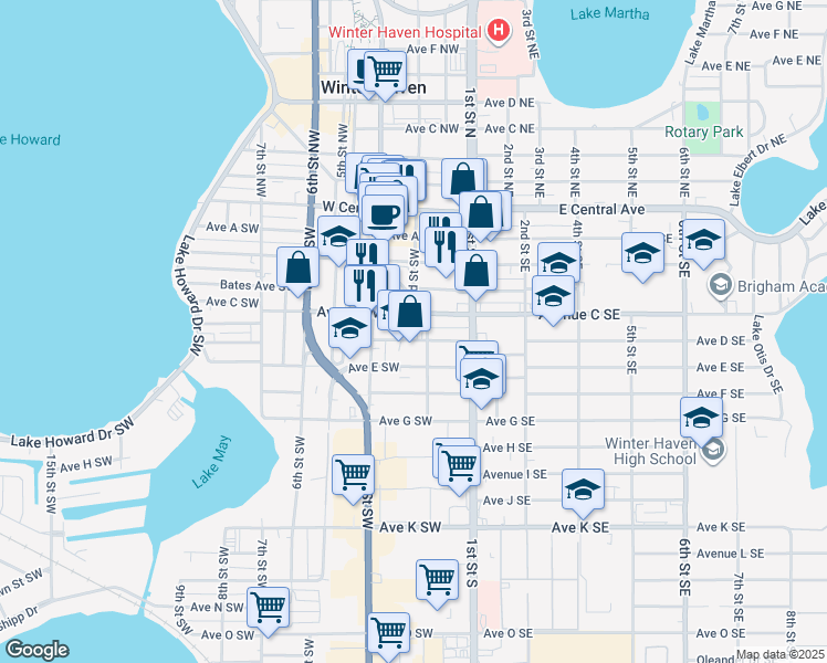 map of restaurants, bars, coffee shops, grocery stores, and more near in Winter Haven
