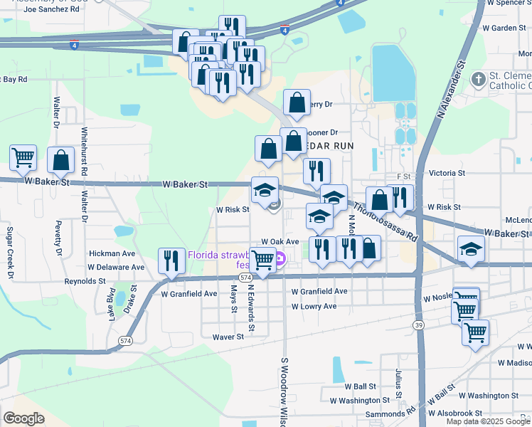 map of restaurants, bars, coffee shops, grocery stores, and more near 501 North Woodrow Wilson Street in Plant City