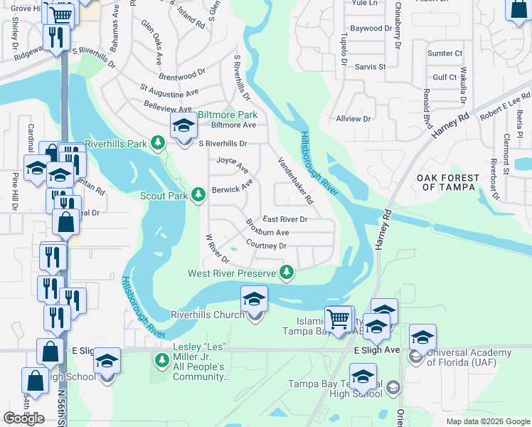 map of restaurants, bars, coffee shops, grocery stores, and more near 714 East River Drive in Tampa