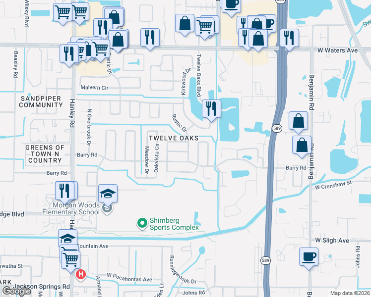 map of restaurants, bars, coffee shops, grocery stores, and more near 7515 Rustic Drive in Tampa