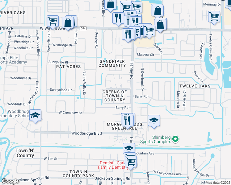 map of restaurants, bars, coffee shops, grocery stores, and more near 7603 Palmera Pointe Circle in Tampa