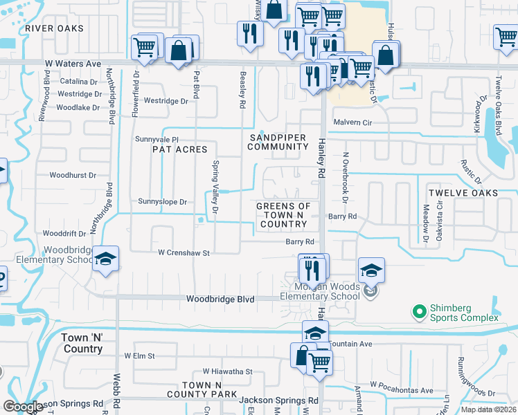 map of restaurants, bars, coffee shops, grocery stores, and more near 7616 La Mesita Court in Tampa