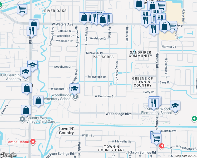map of restaurants, bars, coffee shops, grocery stores, and more near 8205 Sunnyslope Drive in Tampa