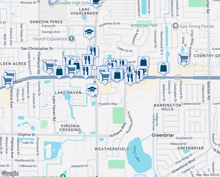 map of restaurants, bars, coffee shops, grocery stores, and more near 1049 Concord Drive West in Dunedin