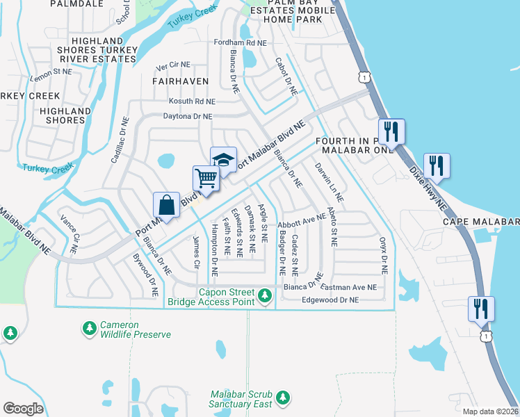 map of restaurants, bars, coffee shops, grocery stores, and more near 855 Angle Street Northeast in Palm Bay
