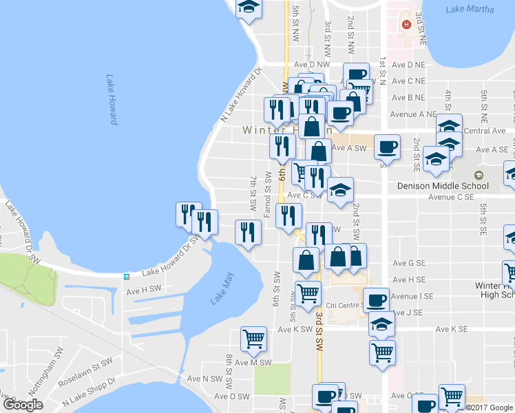 map of restaurants, bars, coffee shops, grocery stores, and more near 330 7th Street Southwest in Winter Haven