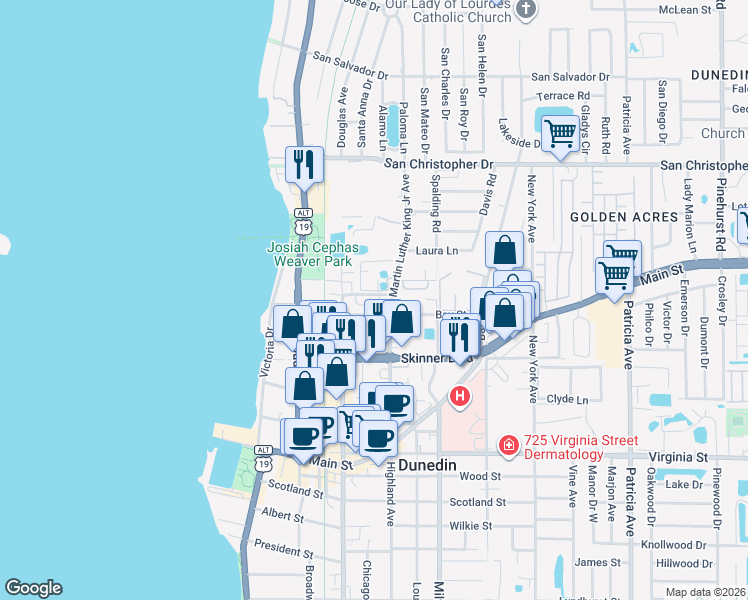 map of restaurants, bars, coffee shops, grocery stores, and more near 429 Lorraine Leland Street in Dunedin