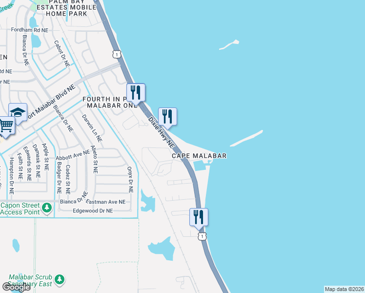 map of restaurants, bars, coffee shops, grocery stores, and more near 4955 Dixie Highway Northeast in Palm Bay